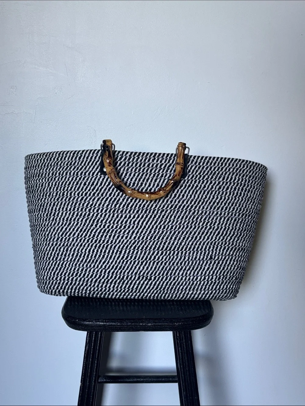Woven Cotton Black White Tote with Bamboo Handles and Wristlet